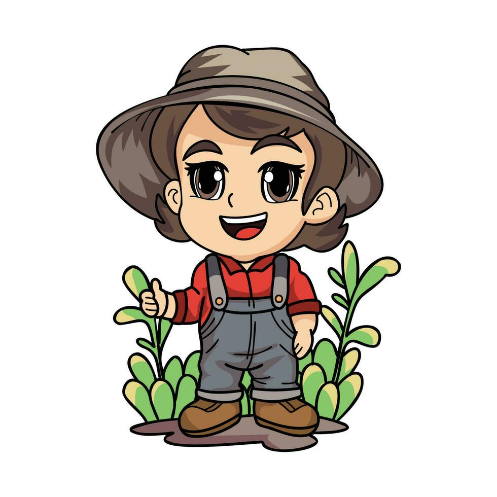 Happy female farmer working hard character illustration in doodle style vector