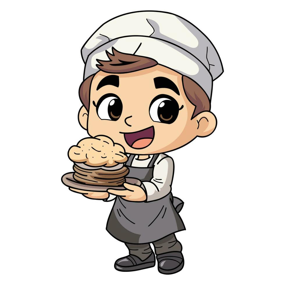 Happy chef man holding food illustration in doodle style vector
