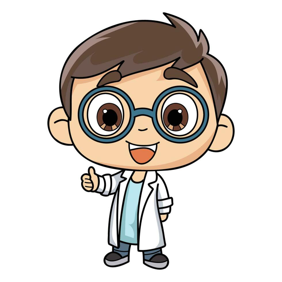 Happy knowledgeable male doctor character illustration in doodle style vector