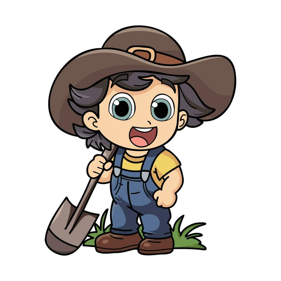 Happy female farmer working hard character illustration in doodle style vector