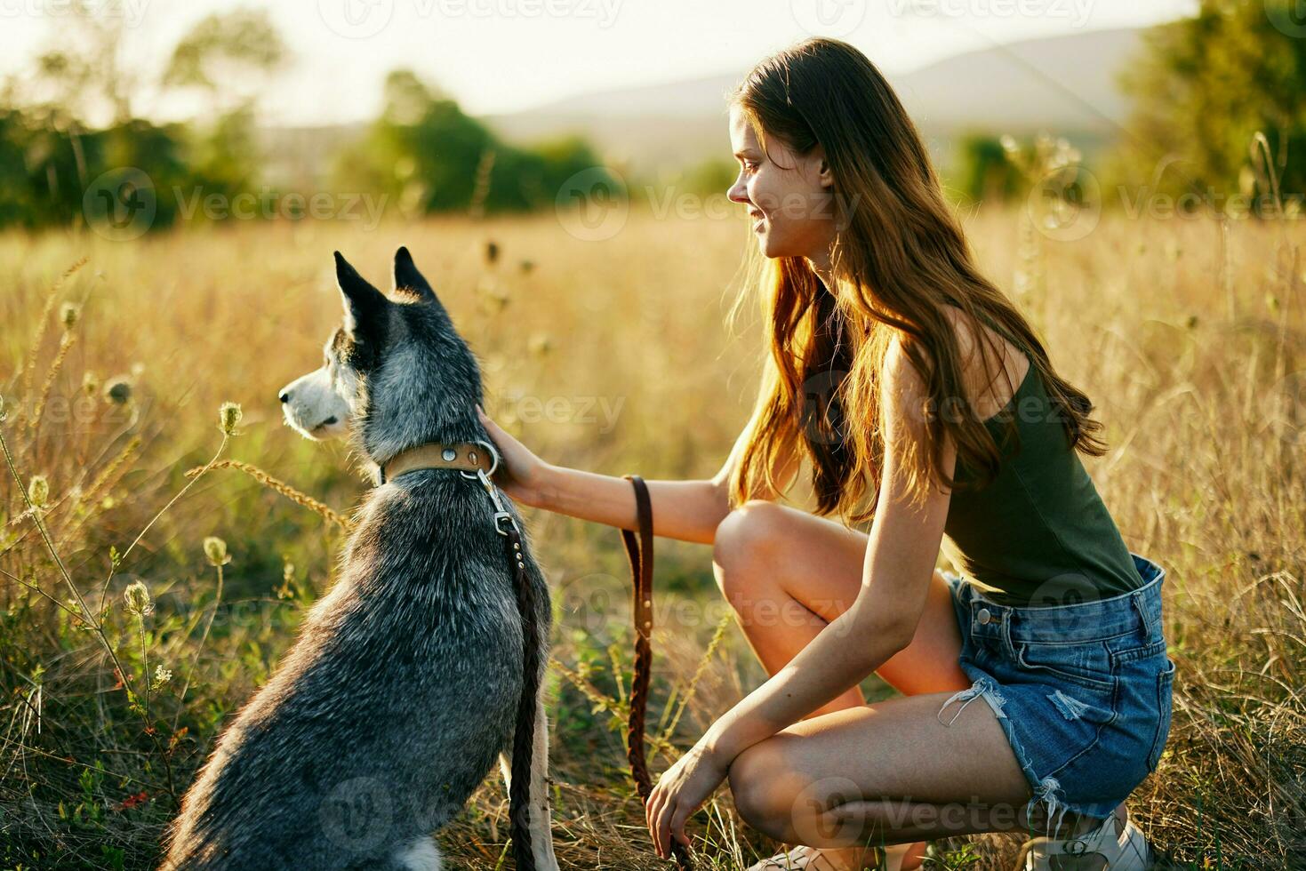 Woman walking her husky dog and smiling happily with teeth on a nature walk on the grass in the autumn sunset, lifestyle dog friend photo