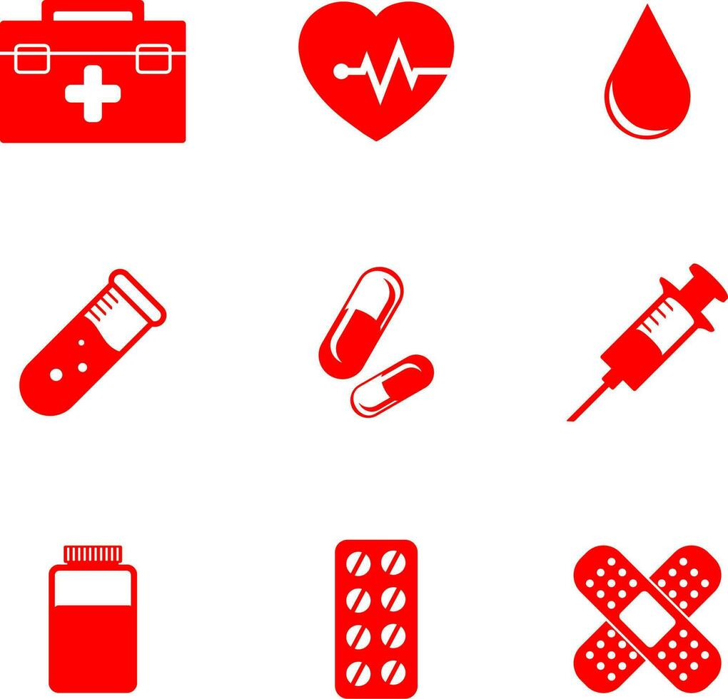 médico icono conjunto vector ilustración. médico icono para diseño acerca de medicina y primero ayuda. médico gráfico recursos para hospital, farmacia, laboratorio y clínica. vector paquete de primero ayuda símbolo conjunto