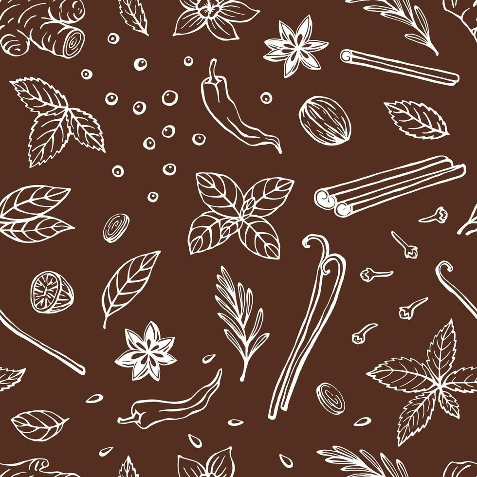 Seamless pattern with herbs and spices. Hand drawn vector illustration in sketch style.