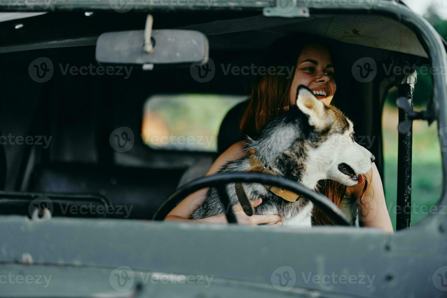 Woman and husky dog happily traveling in car smile with teeth fall walk with pet, travel with dog friend hugs and dances photo