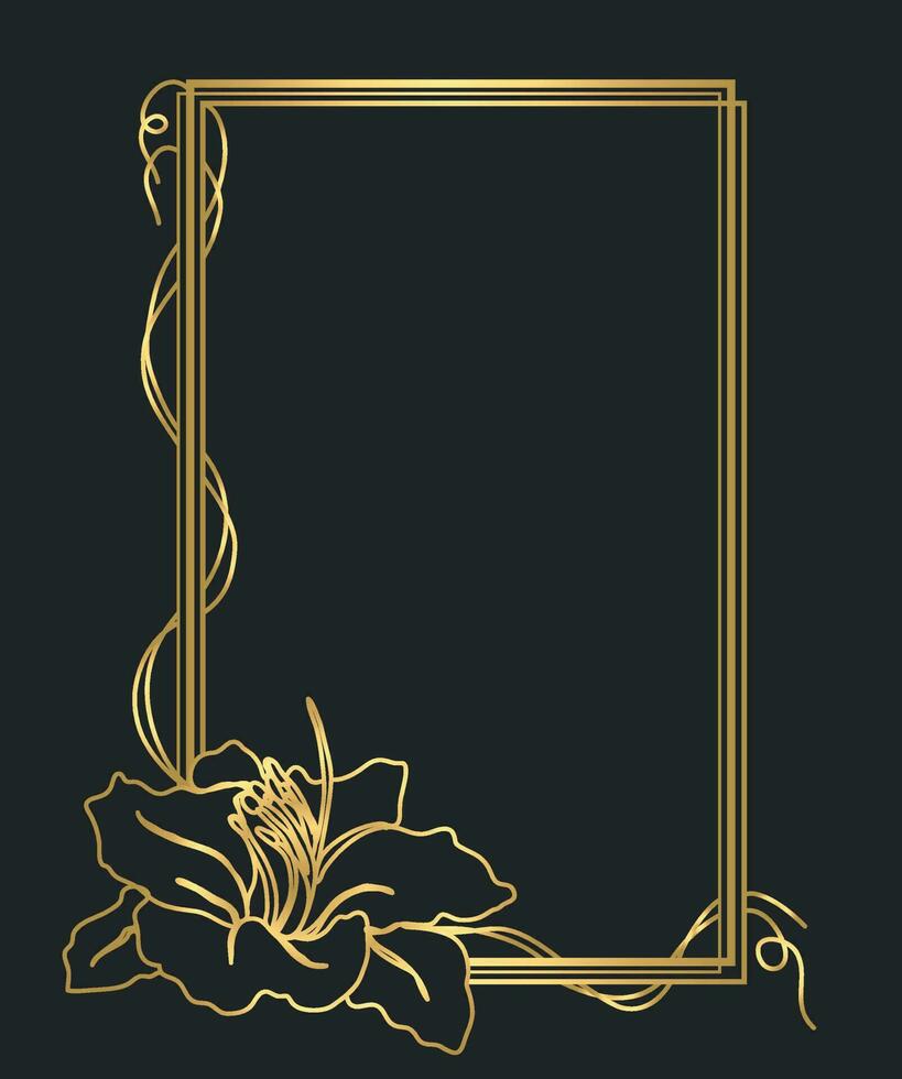 Gold glowing vintage frame with flower lily. Golden luxury realistic border. vector