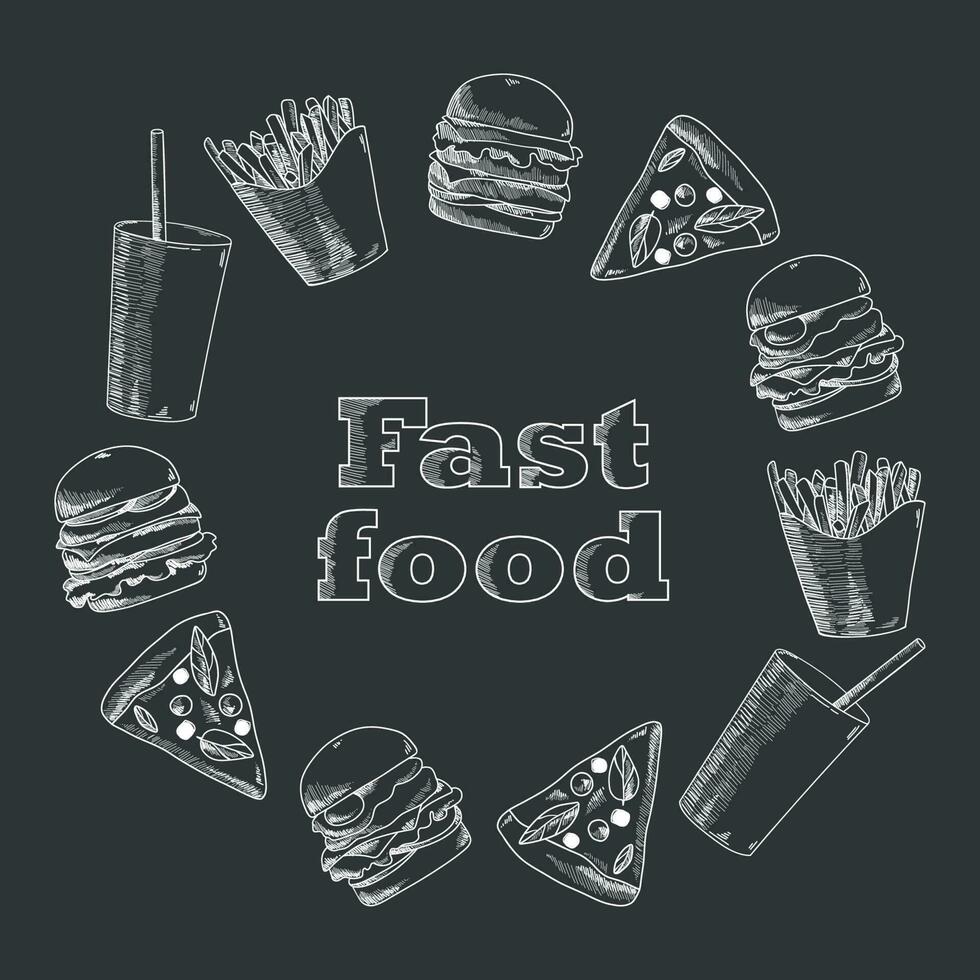 Hand drawn fast food illustration. Soda, pizza, burger and french fries drawing. Fast food vector hand drawn set. Great for label, menu, poster, banner, voucher, coupon