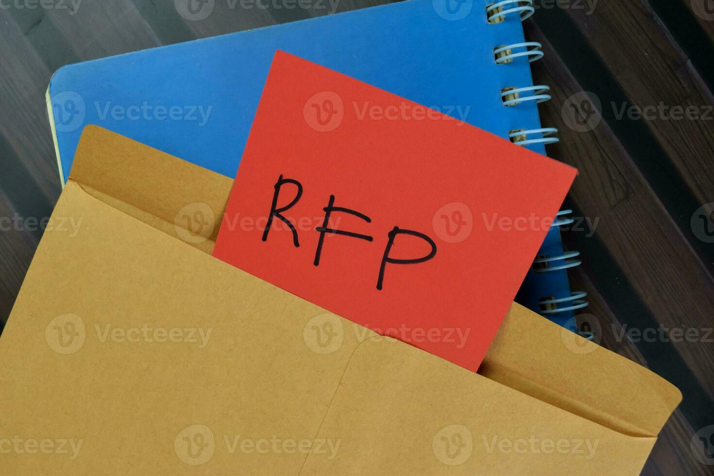 RFP - Request For Proposal write on sticky notes isolated on Wooden Table. photo