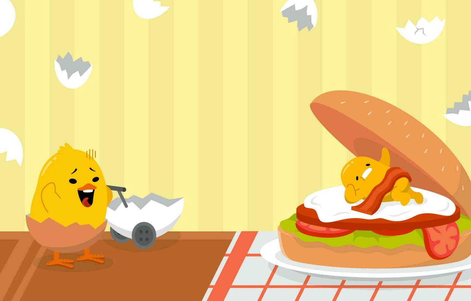 Cute Chick with an Egg Character on Sandwich vector