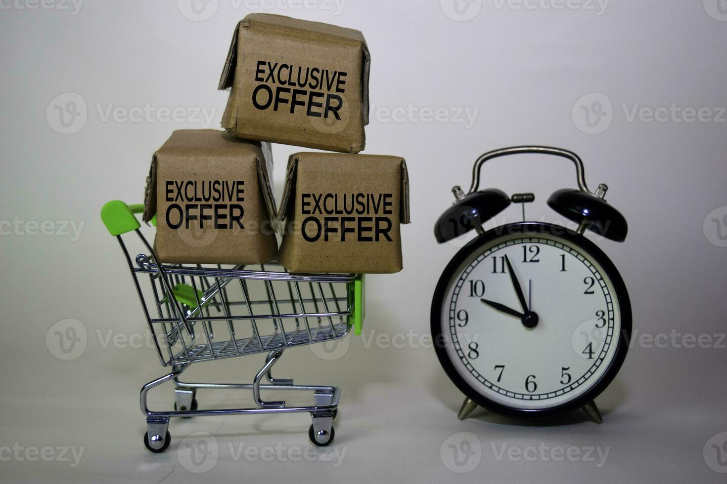 Exclusive Offer Text in small boxes and shopping cart. Concepts about online shopping. Isolated on white background photo