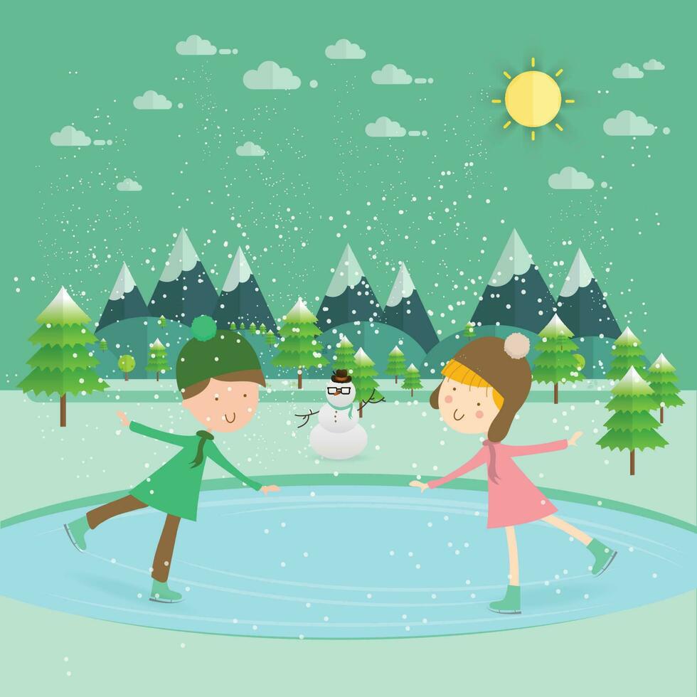 Illustration of kids having fun in the winter skating rink.Children ice skate vector