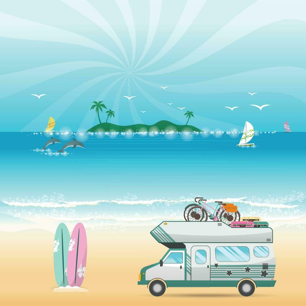Summer beach camping island landscape with caravan camper vector