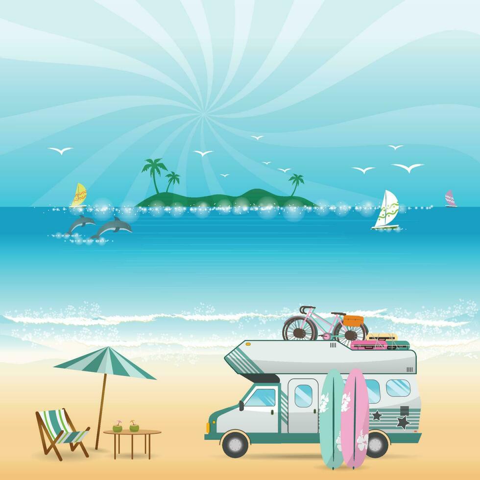 Summer beach camping island landscape with caravan camper vector