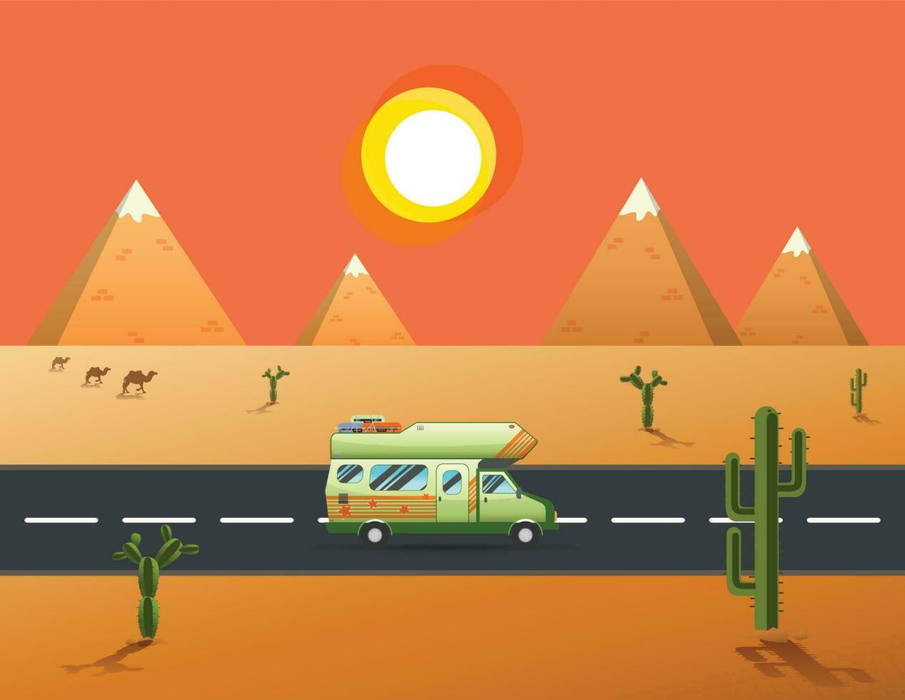 viajero camión conducción en el la carretera a Desierto y montañaspaisaje vector