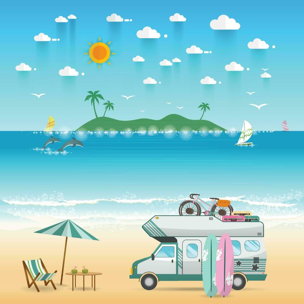 Summer beach camping island landscape with caravan camper vector