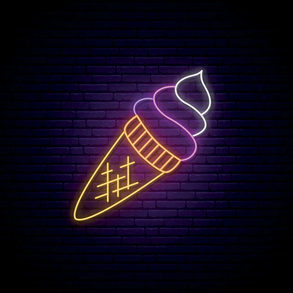 Neon ice creme sign. Glowing ice creme in waffle cone. vector