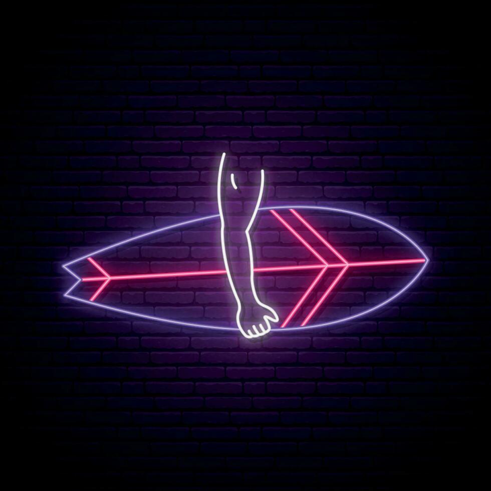 Neon surfboard sign. Glowing surf emblem with a hand holding surf board. vector