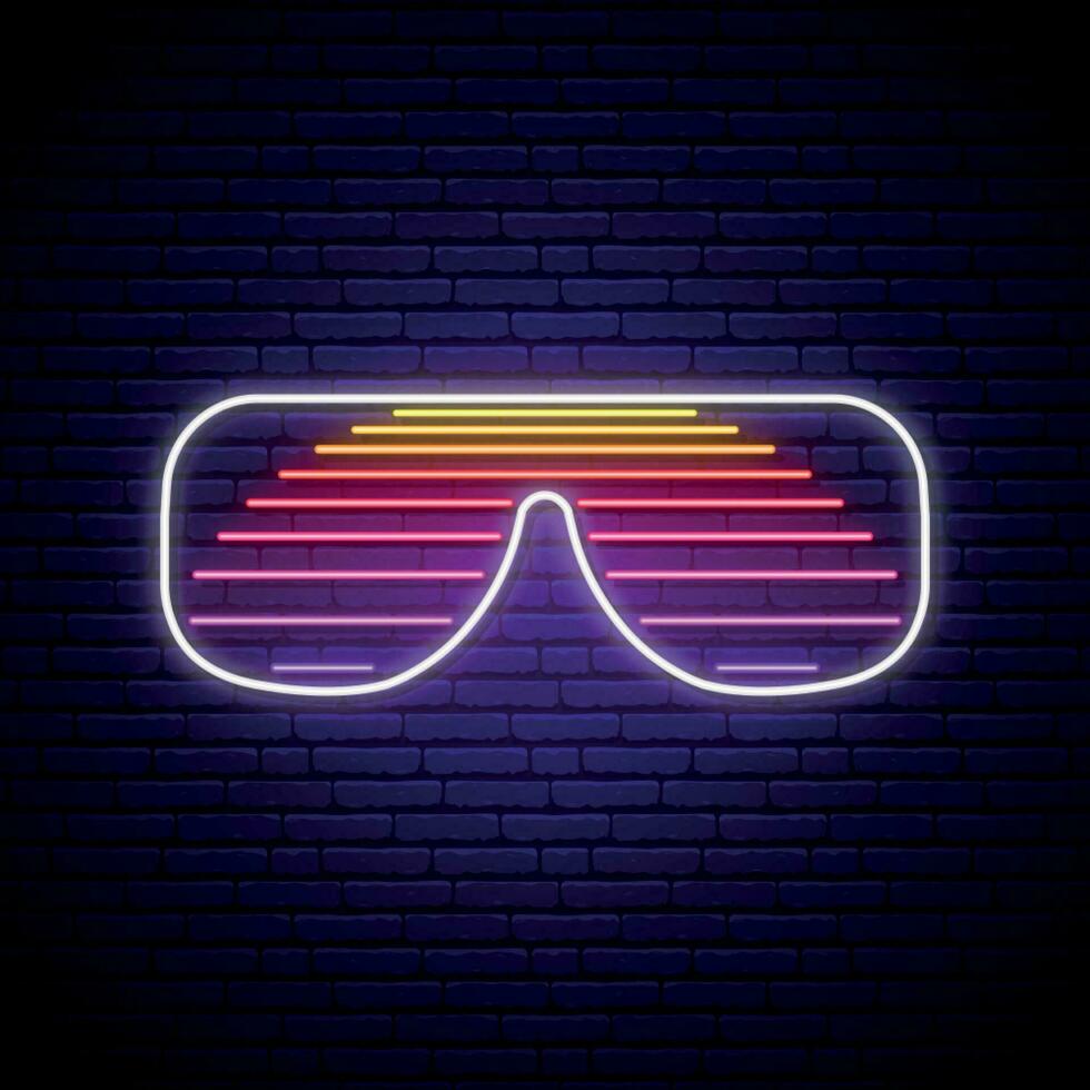 Neon shutter glasses sign in retro 80s style. Glowing sunglasses with sun reflection on dark brick wall background. vector