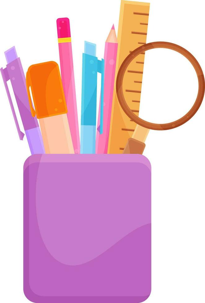 brillante vector ilustración de papelería en un púrpura vaso, colegio y oficina suministros, espalda a colegio