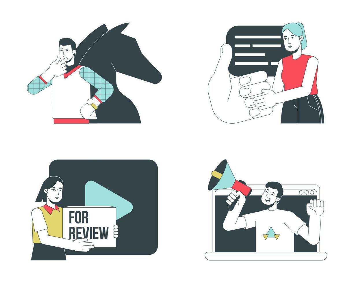 Internet marketing flat line concept vector spot illustration set. Advertising agency 2D cartoon outline characters on white for web UI design. Services editable isolated colorful hero image pack