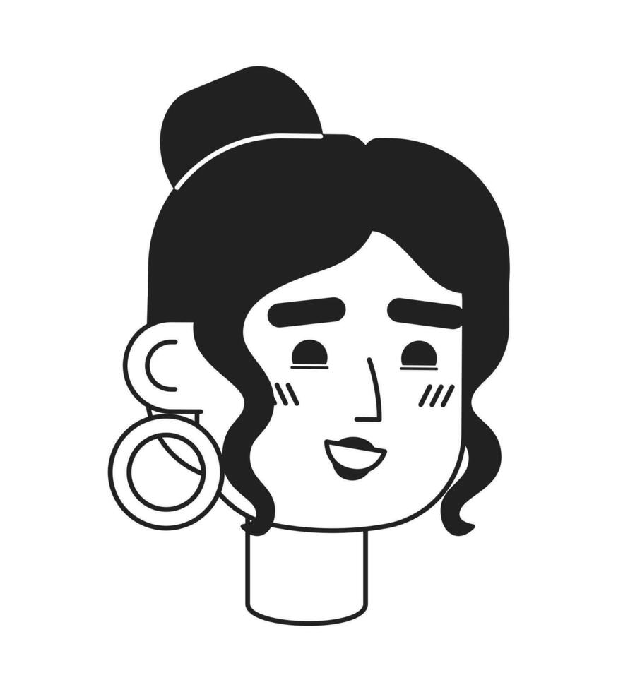 Happy latina woman wearing hoops monochrome flat linear character head. Brunette girl with tied hair. Editable outline hand drawn face icon. 2D cartoon spot vector avatar illustration for animation