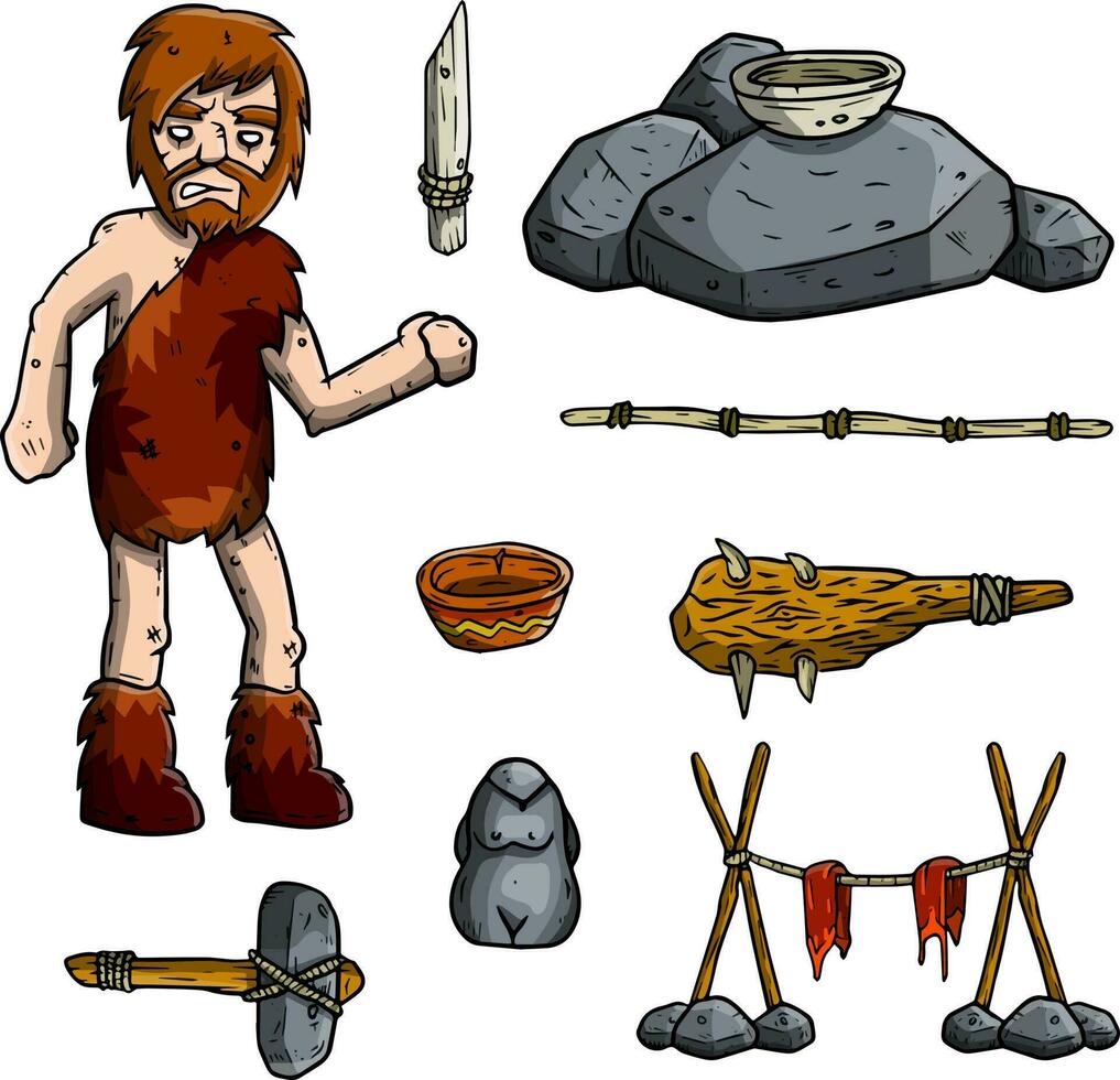 Primitive caveman. Prehistoric hunter. Stone age. Set of cartoon object. vector