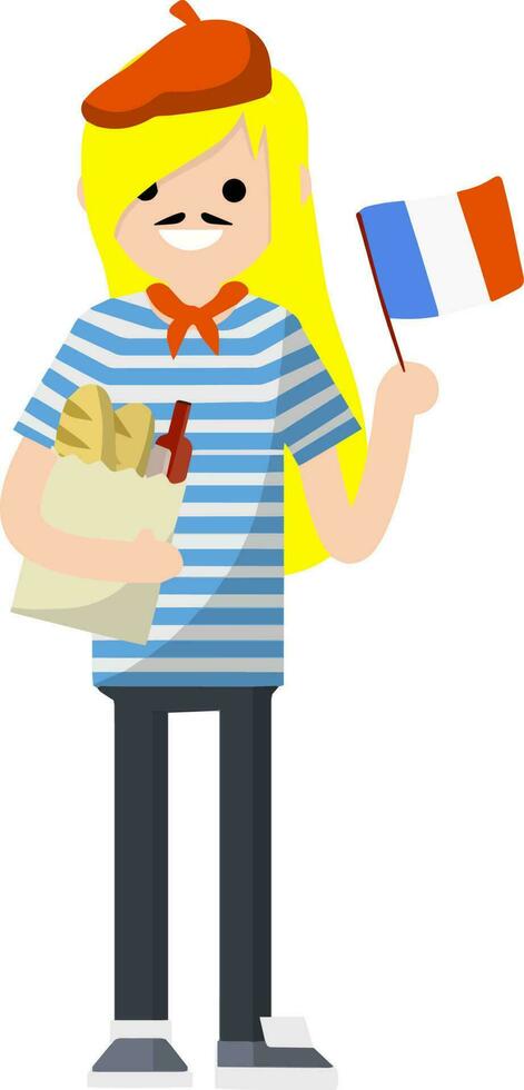 Cartoon flat illustration - young French girl with mustache and beret. female exchange student from France. typical European with national flag and paper bag with bread baguette food. vector