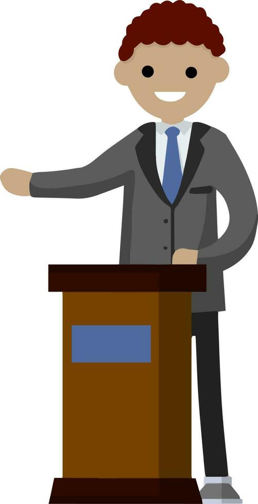 Man in the suit stay behind podium. Presidential election. Political debate. Lecturer in class. The speaker is talking. Dialogue businessman. Cartoon flat illustration vector