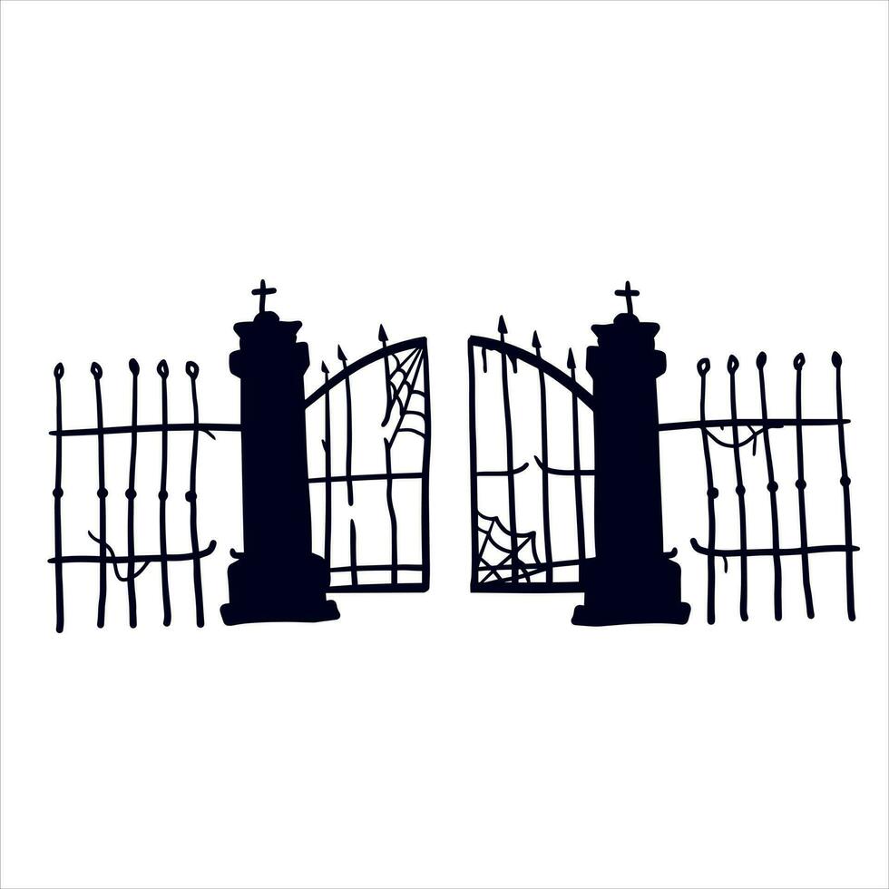 Old fence of cemetery. Halloween decoration. Black silhouette of gloomy wall. Flat illustration isolated on white vector