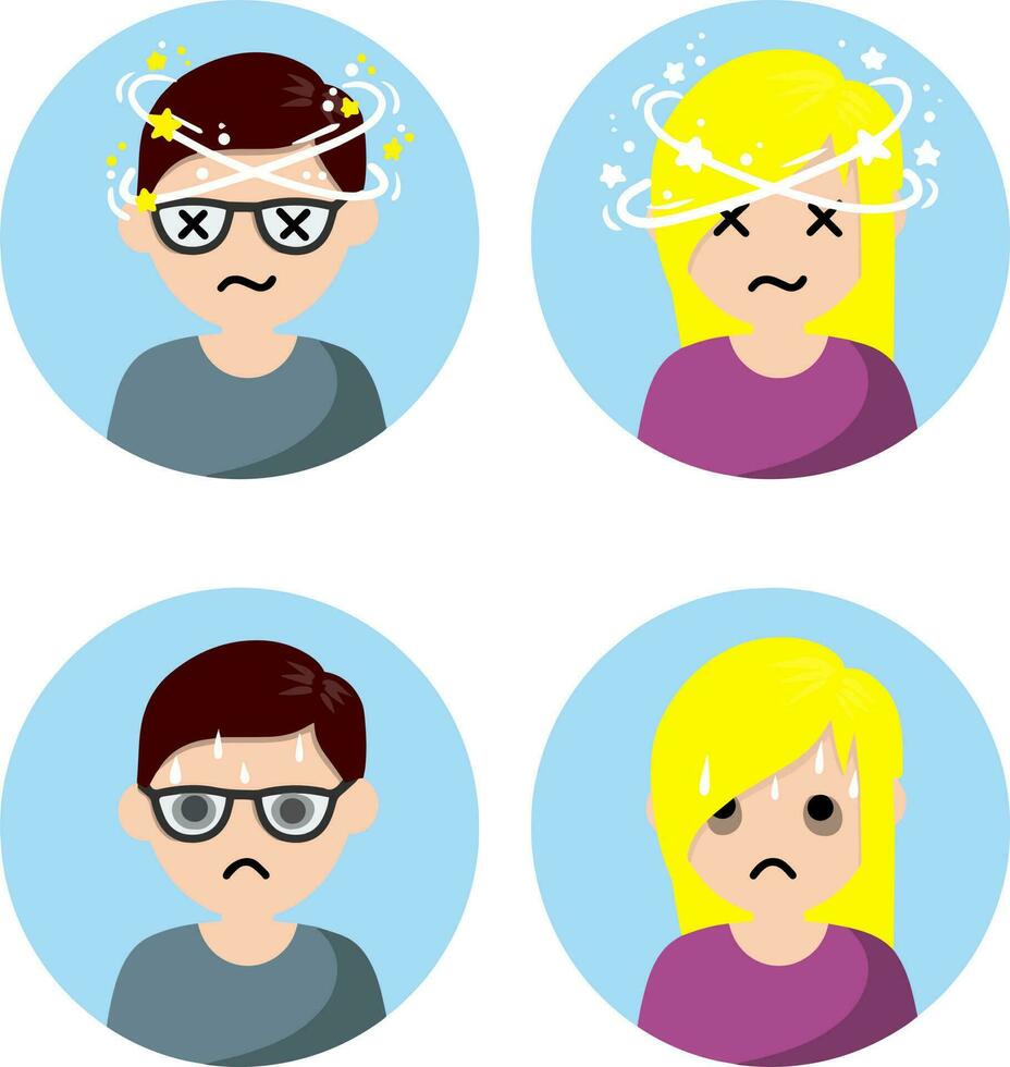 Dizziness and nausea. Painful and Weak condition of man and woman. Comic star spinning around head. Sweating and depression. Health problem flat icon vector