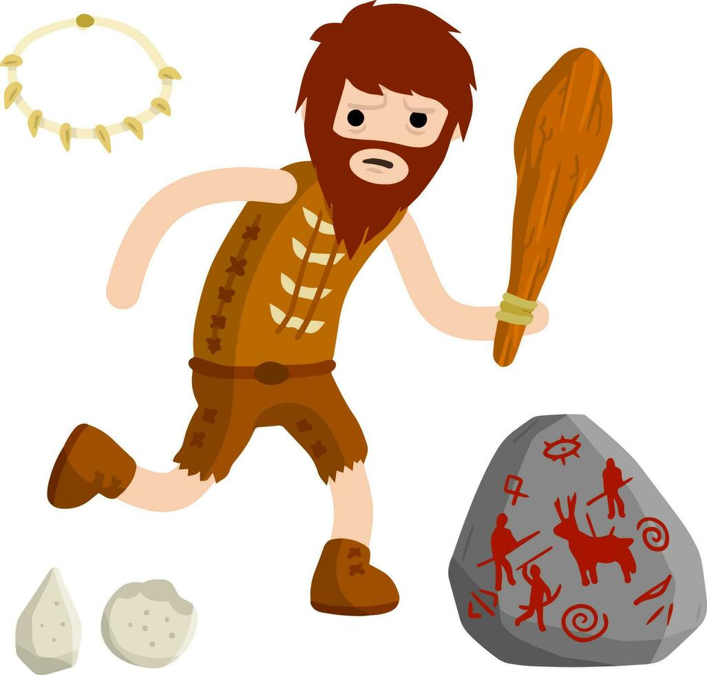 Primitive caveman. Prehistoric hunter. Stone age. Man with an axe or a hammer. Tribal items. Concept of history and archeology. Cartoon flat. Fire and skull vector