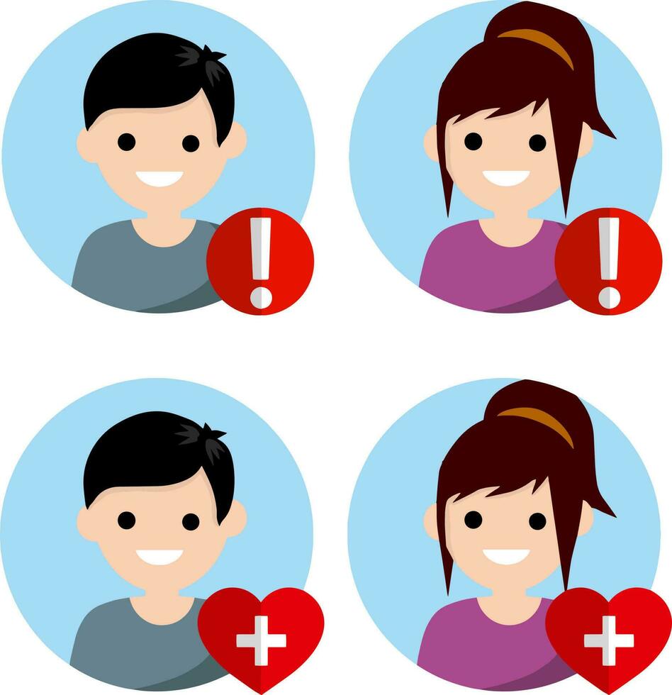 Set of avatars people for social network. Boy and girl. Red exclamation mark, heart with cross. Medical health element and alarm. young nerd man and blond woman. Cartoon flat illustration. Status icon vector