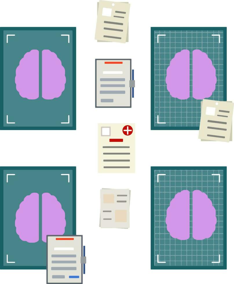 cerebro radiografía. tomografía de cabeza. médico cuidado. conjunto de papel archivo documento con análisis. salud problemas. dibujos animados plano ilustración vector