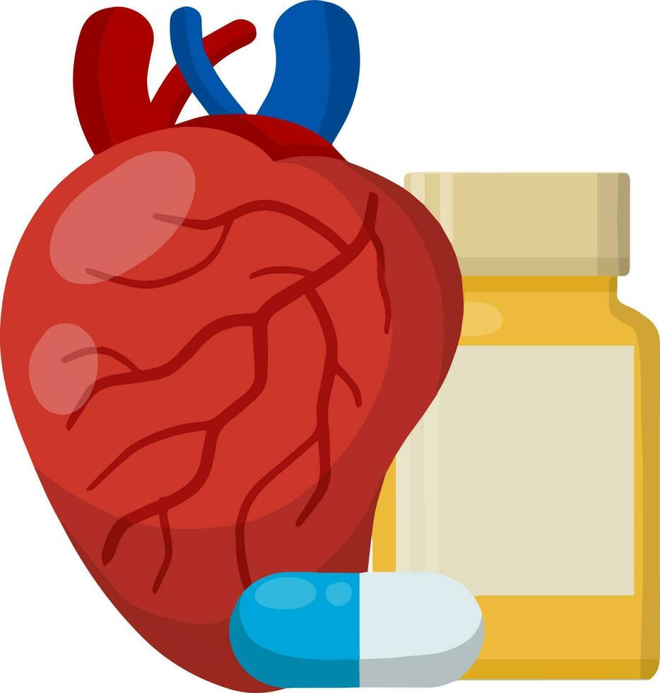 Heart and tablet packaging. Bottle of pills. Treatment of cardiac pain. Cardiology and health. Hospital element and medications. Cartoon flat illustration vector