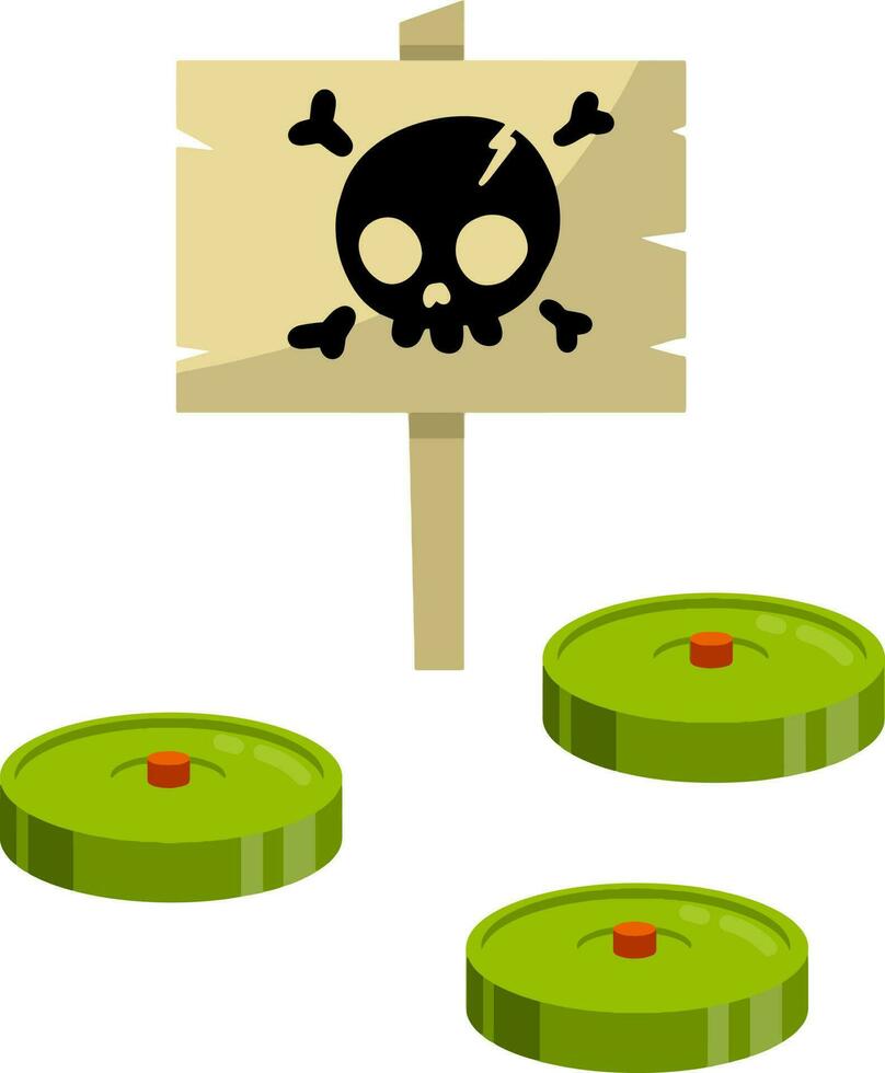 campo de minas. verde minas peligro advertencia firmar con cráneo. hostilidad. concepto de amenaza y riesgo. dibujos animados plano ilustración. bomba y armas vector