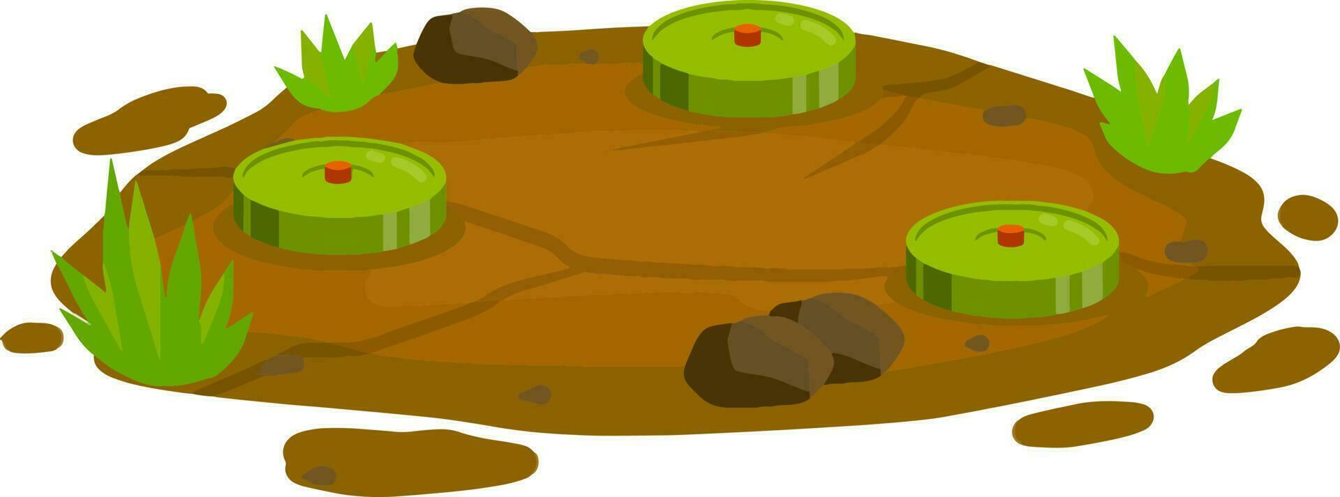 Minefield. Set of mines on ground. Rocks and grass. Explosive element of war. Cartoon flat illustration. Green lawn with bombs. Modern warfare landscape vector