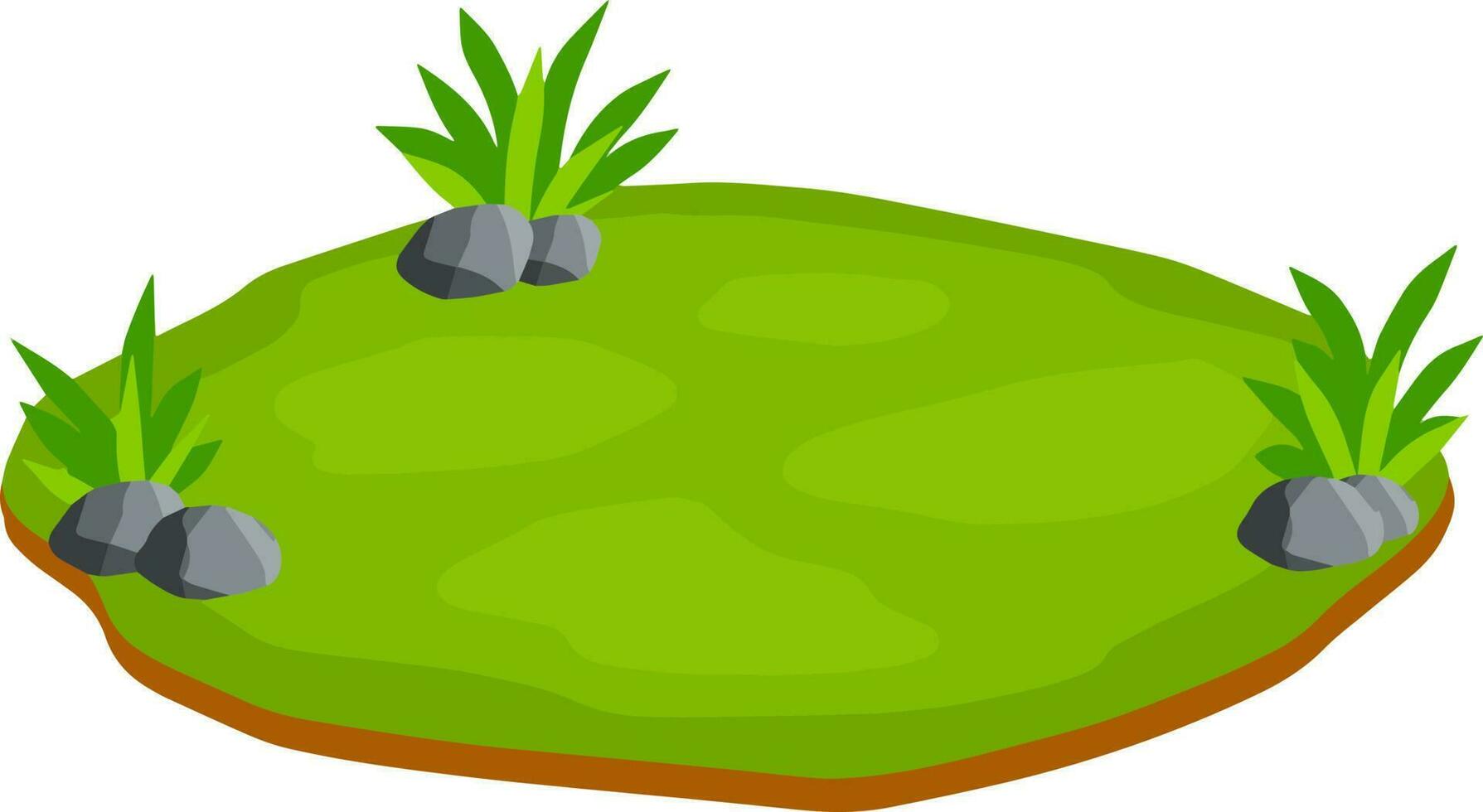 Landscape with grass, stones. Element of nature and forests. Background for illustration. Lawn, sward and greensward. Flat cartoon. Platform and ground vector