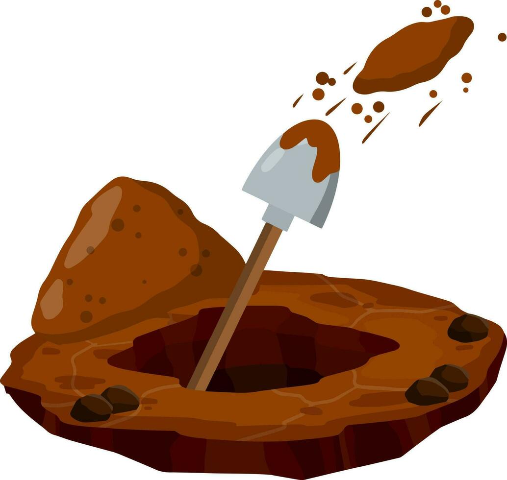 Digging hole. Shovel and dry brown earth. Grave and excavation. Cartoon flat illustration. Funeral in desert. Pile dirt and stones vector