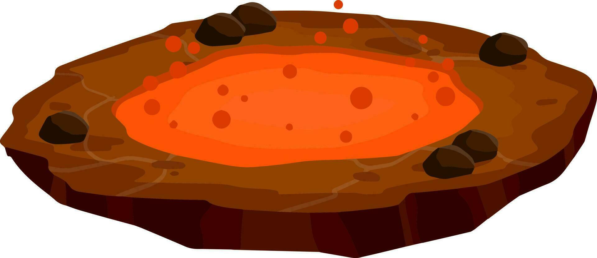 Lava in crater. Eruption. Red hot water in lake. Element of nature, mountain and volcano. Natural disaster, calamity and catastrophe. Brown platform with ground. Cartoon flat illustration vector
