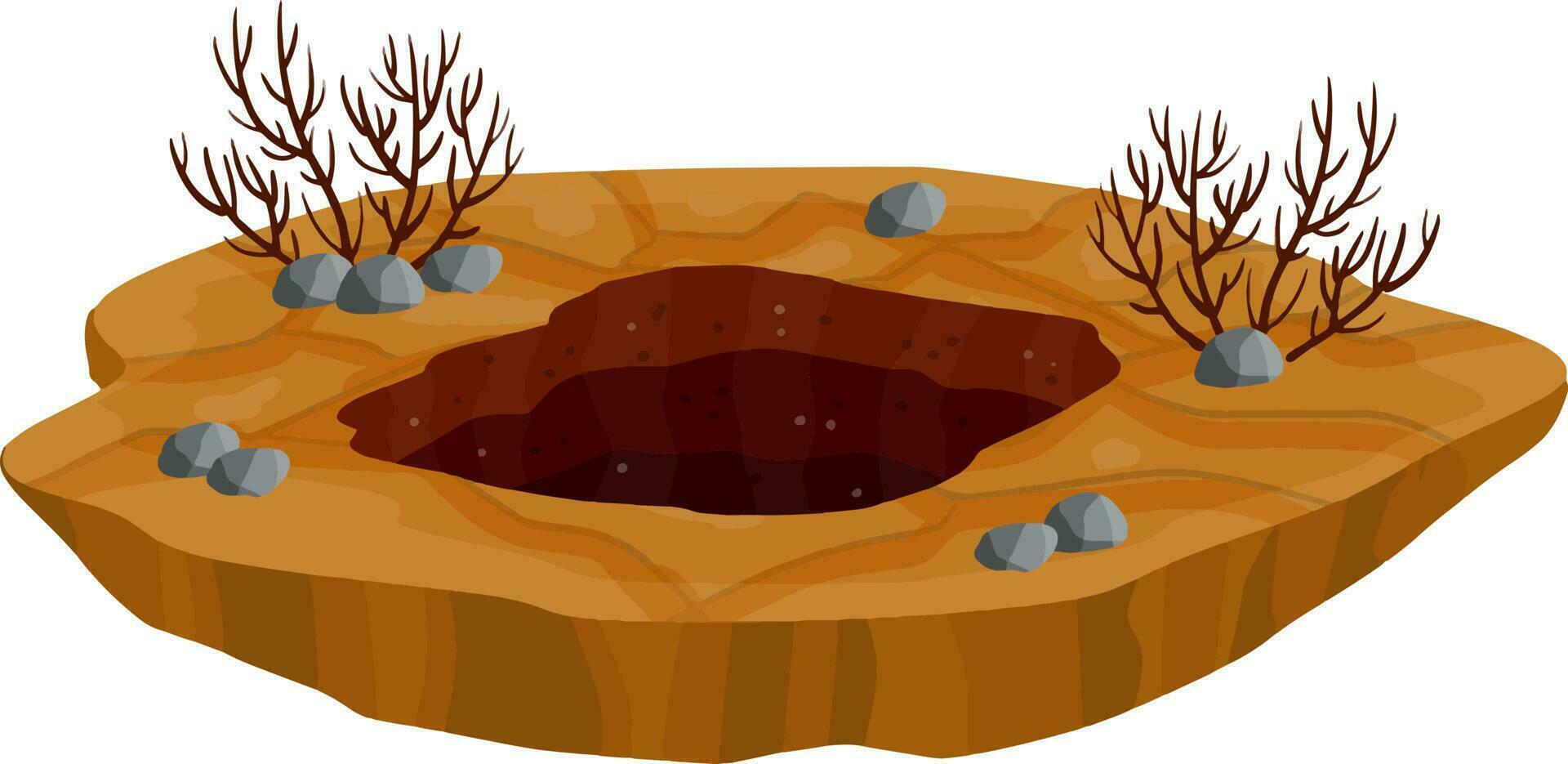 Big hole in ground. Brown dry soil and mine. Element of desert landscape. Cartoon illustration vector