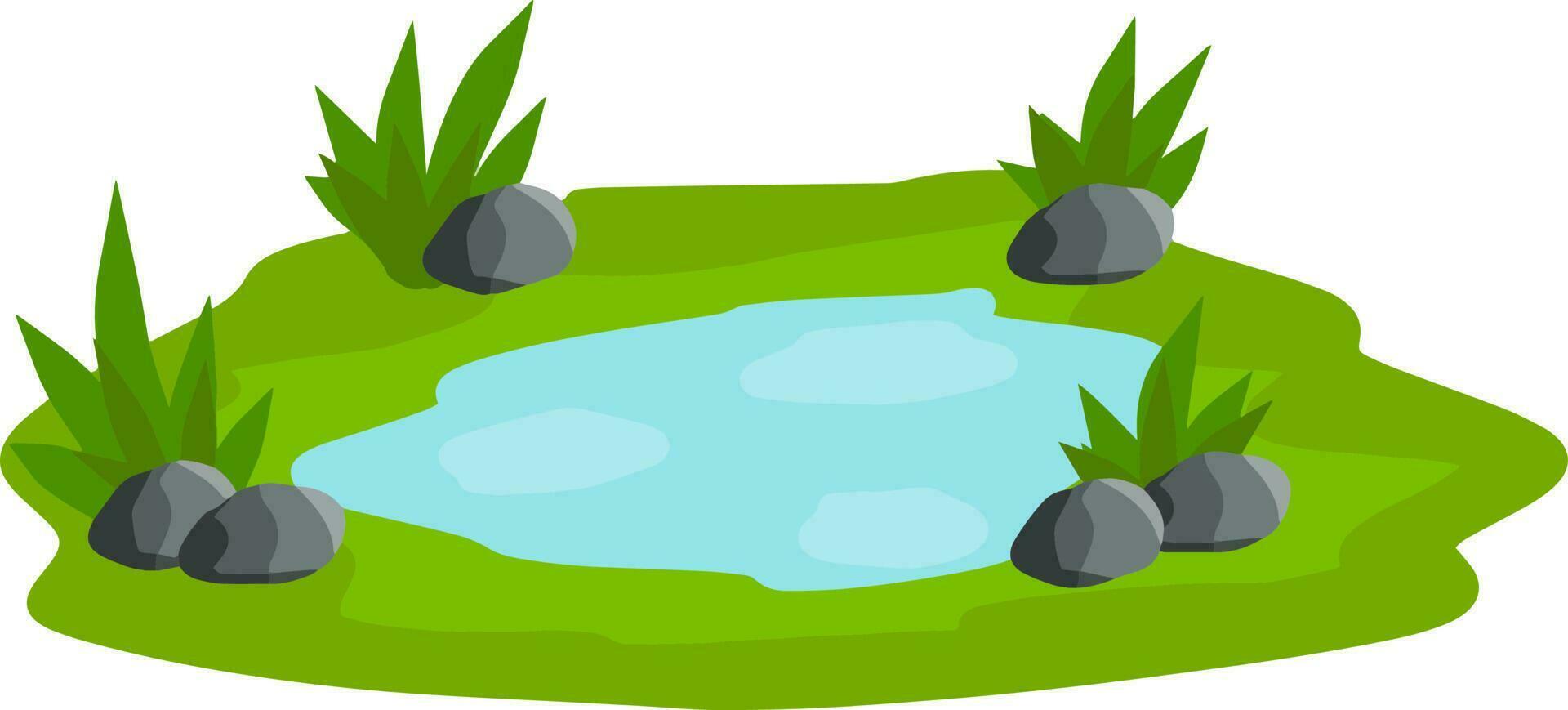 Pond and swamp, lake. Flat cartoon. Background for illustration. Landscape with grass, stones and bush. Element of nature and forest and water. Platform and ground vector