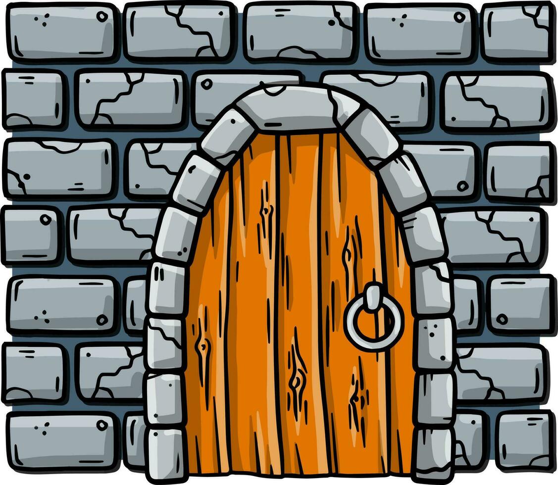 Stone entrance with wooden door. Old medieval Doorway. Element of the building and facade. Cartoon drawn illustration vector