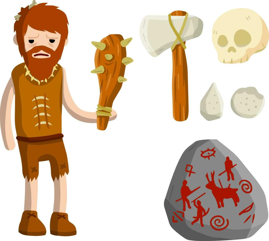 Primitive caveman. Prehistoric hunter. Stone age. Man with an axe or a hammer. Tribal items. Concept of history and archeology. Cartoon flat. Fire and skull vector