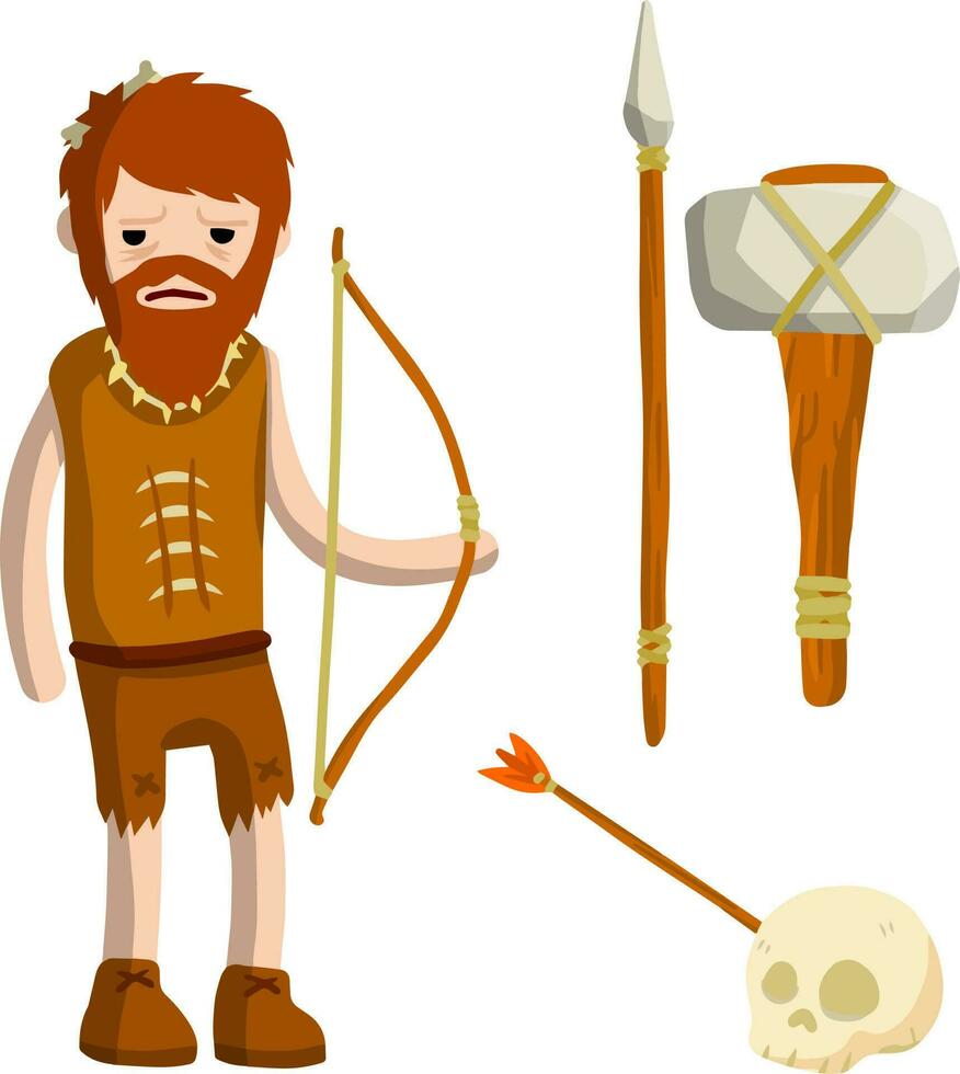 Primitive caveman. Prehistoric hunter. Stone age. Man with an axe or a hammer. Tribal items. Concept of history and archeology. Cartoon flat. Fire and skull vector