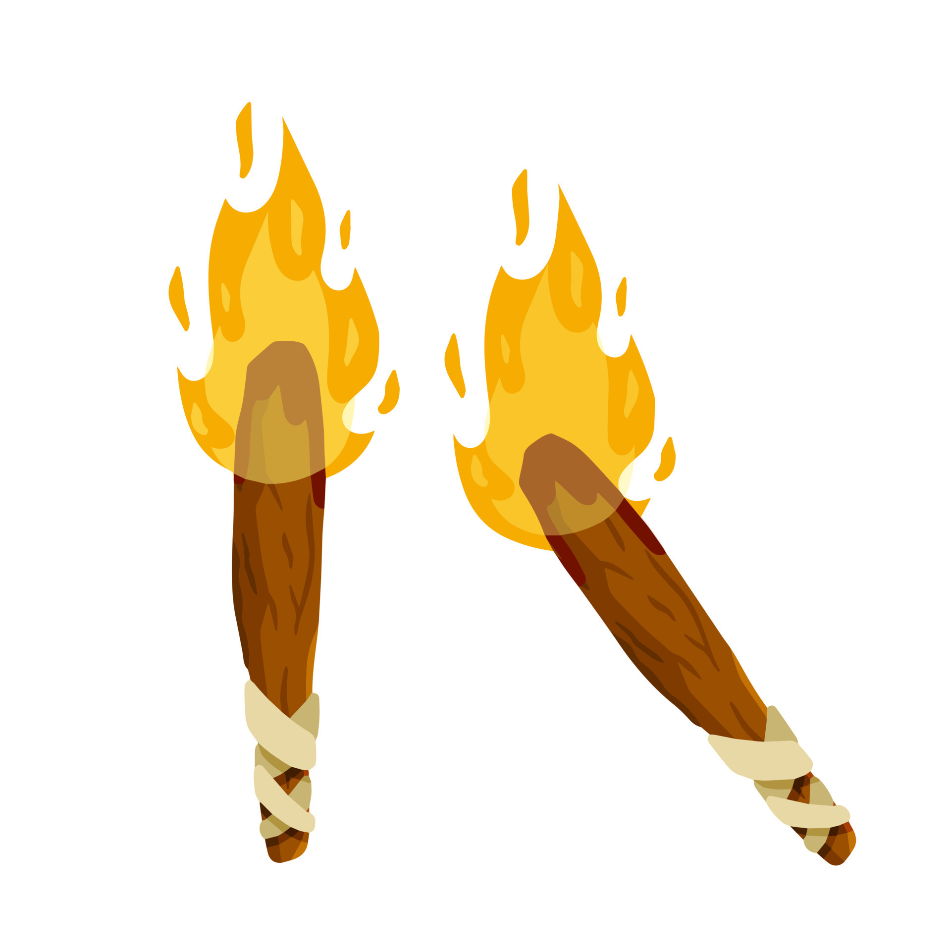 Torch and flame. Wooden stick with fire. Lighting element. Old