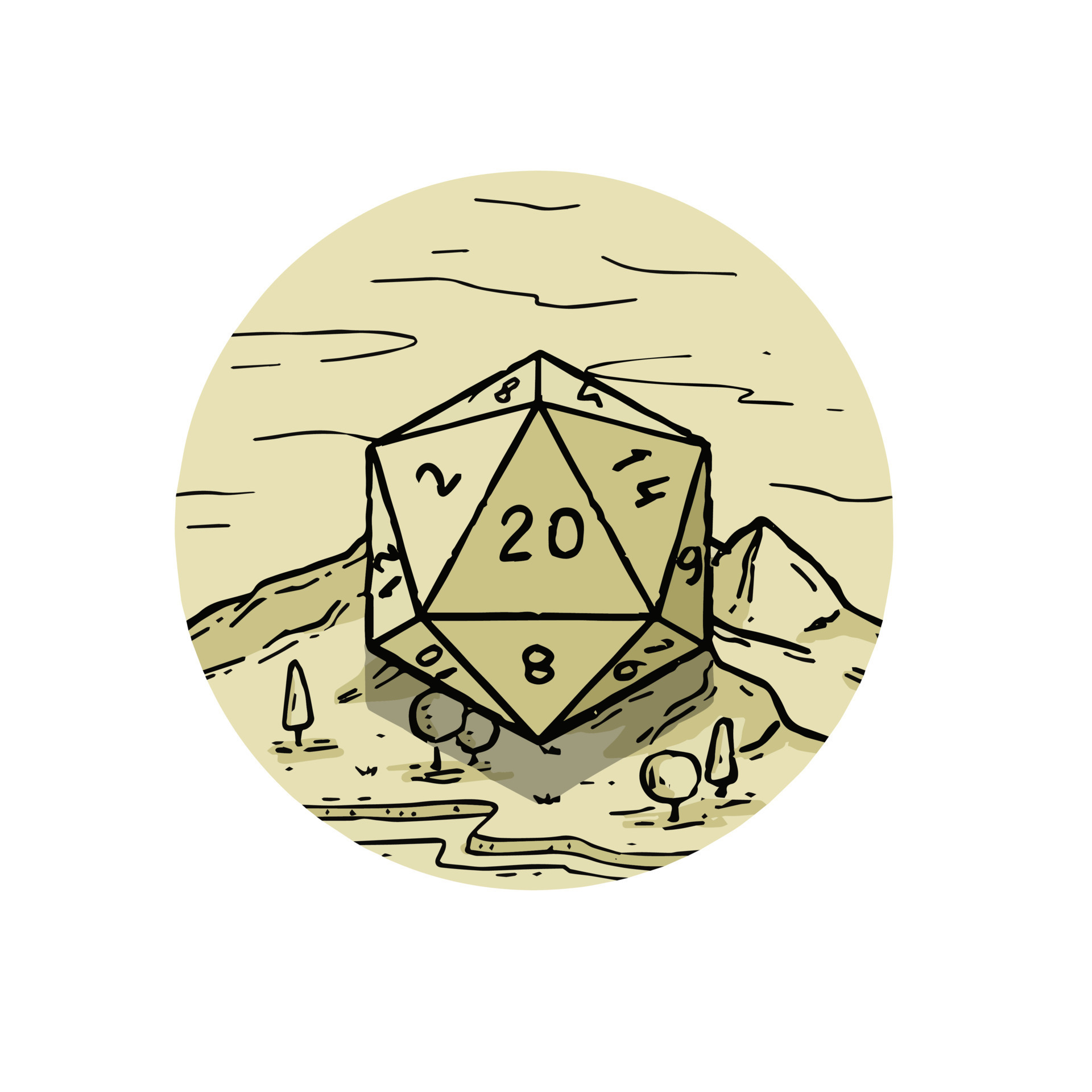 Logo of tabletop RPG game with 20d dice. Natural landscape engraving