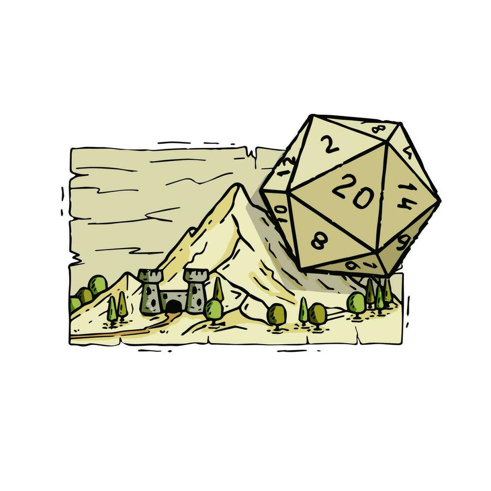 mesa rpg juego con 20 días dado. castillo fuerte con torre. natural paisaje grabado. tablero aventuras juego. vector