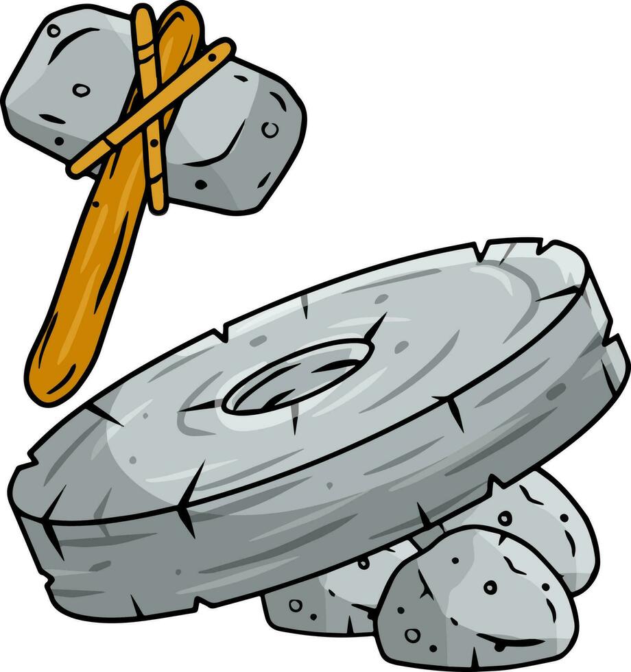 Roca martillo. invención de rueda. primitivo cavernícola elemento. herramienta trabajar. antiguo arma. dibujos animados dibujado ilustración vector