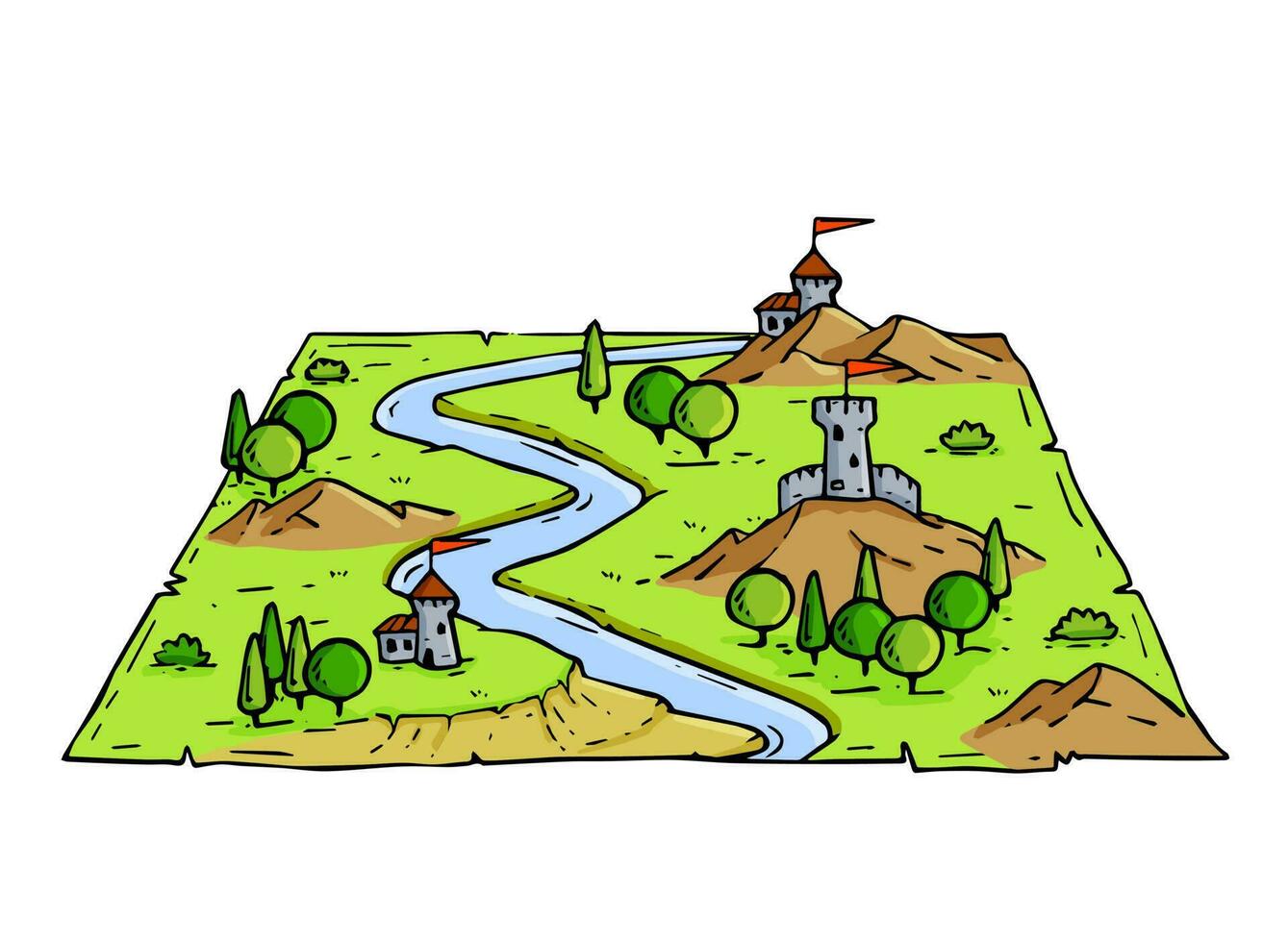 Castle fort with tower. Medieval landscape in engraving style. Valley with river and forest. Old retro hand drawn map. vector
