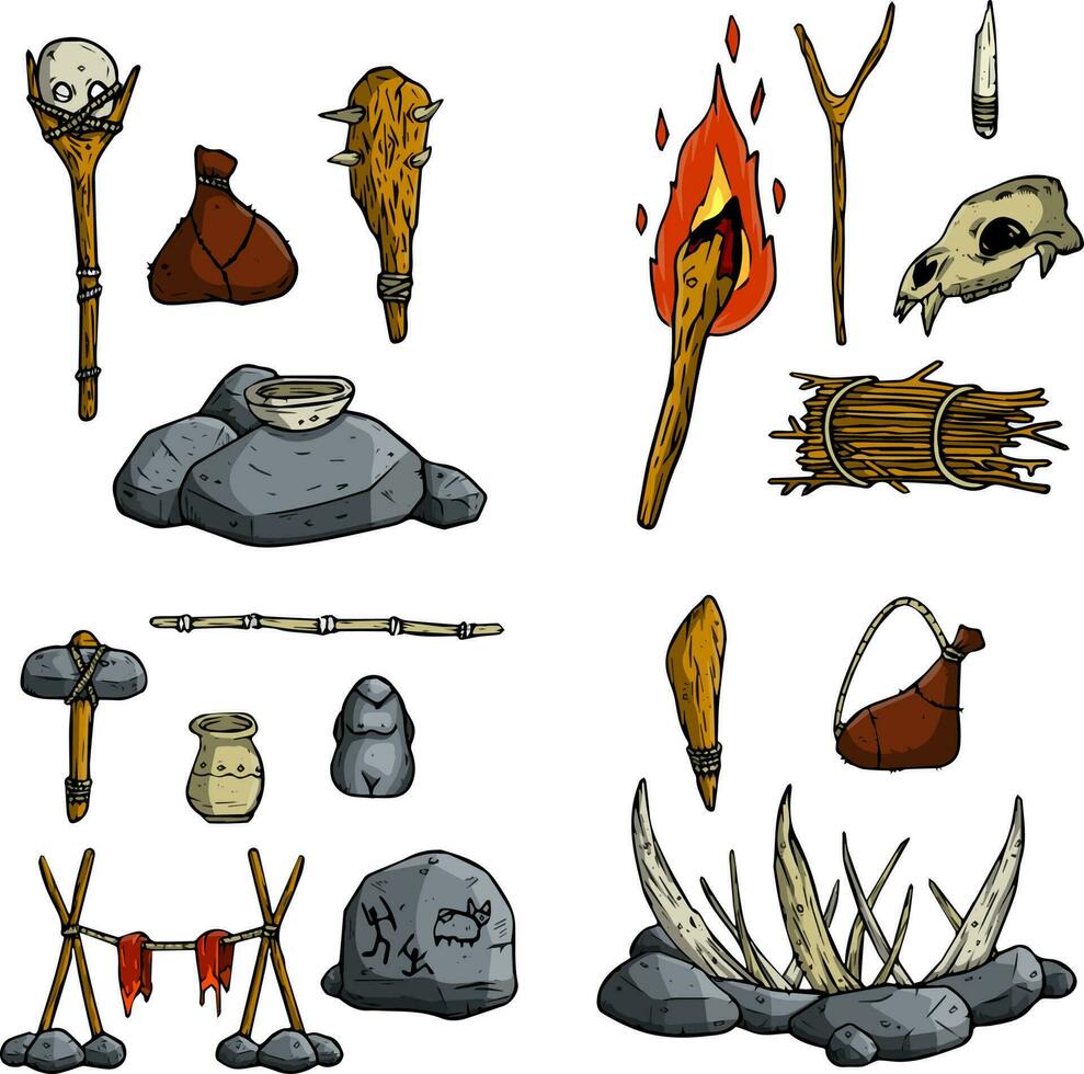 Set of items of primitive man and hunter. Weapons of caveman. Stone age hammer, axe and club. Lifestyle and tool. Cartoon illustration vector