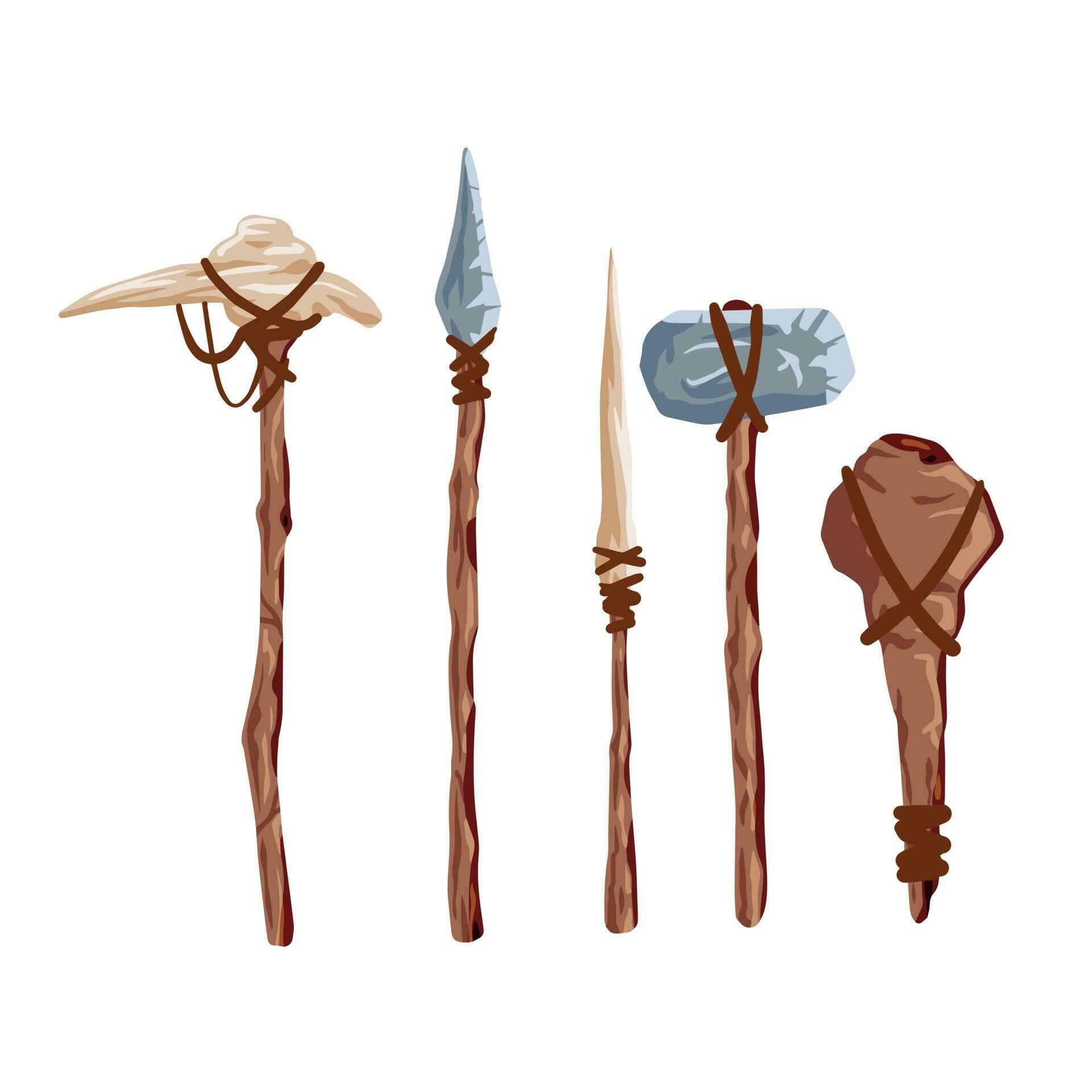 Prehistoric weapons. Set of caveman tools. Primitive spear and stone